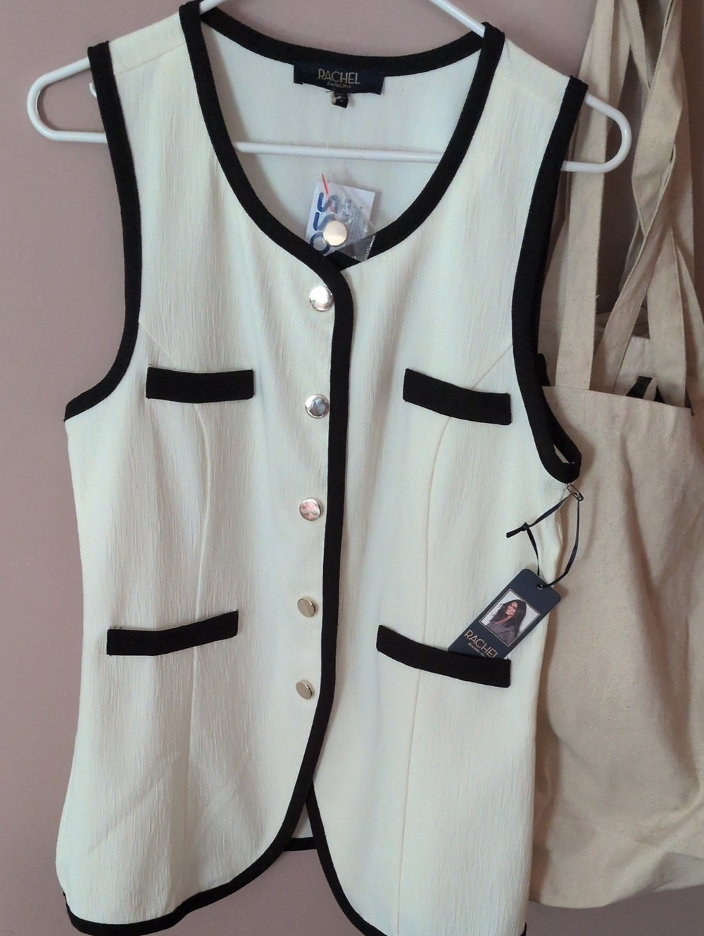 Rachel Roy Ivory Sleeveless Button Vest with Black Trim Gold Cream Fitted